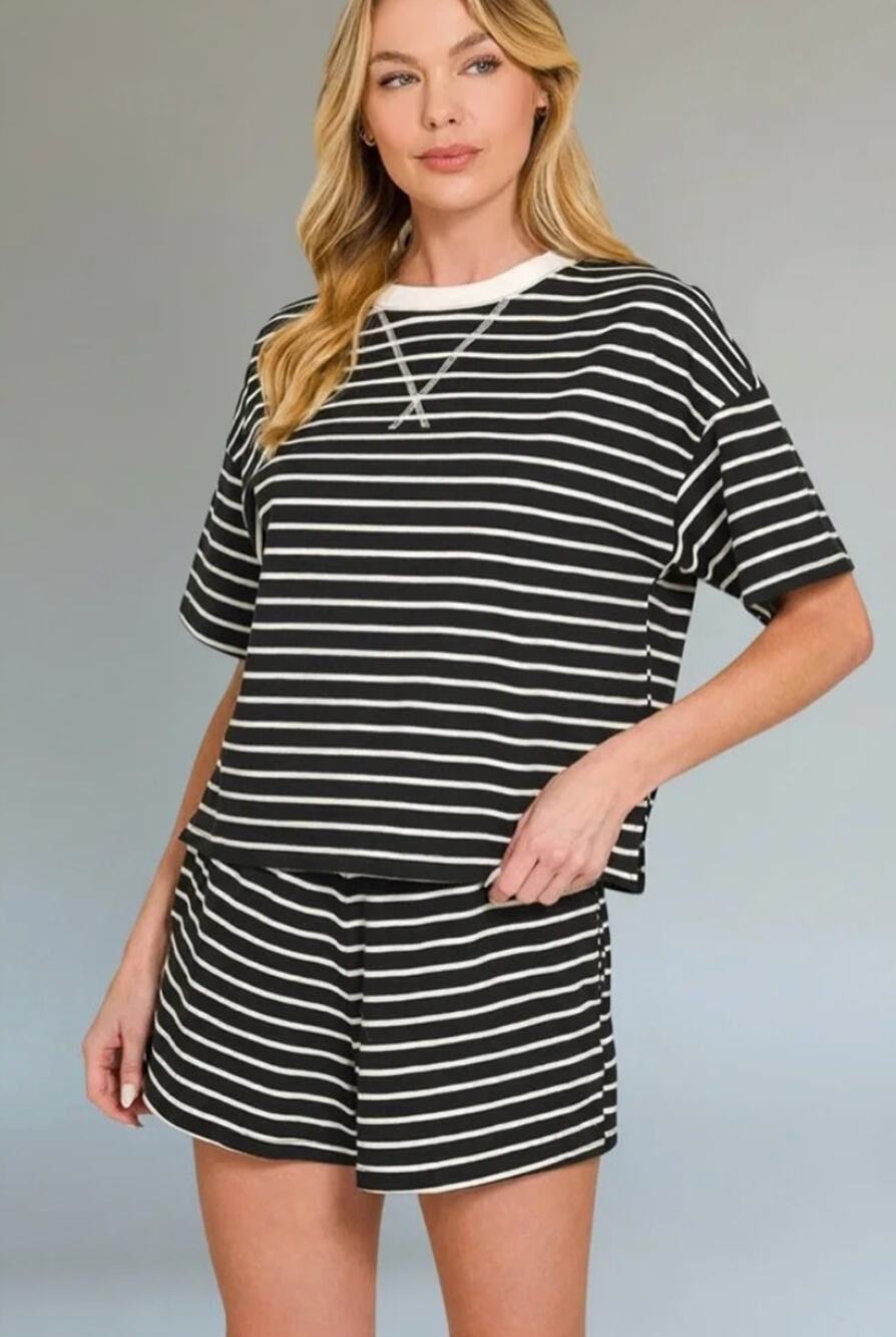 Zenana Black Stripe Matching Lounge Set Size Small Short Sleeve Top Shorts